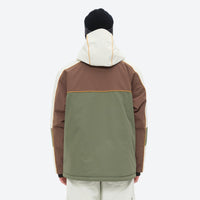 
                  
                    Unisex 3L snowboard jacket and pants - white olive green and brown colorblock with white pants, for skiing and snowboarding
                  
                