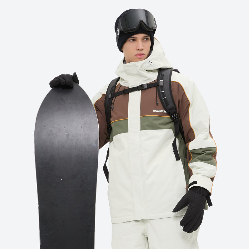 Breathable 3-layer ski jacket and pants set - white olive green and brown colorblock with white pants