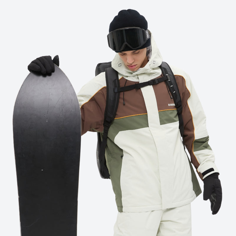 Unisex 3L snowboard jacket and pants - white olive green and brown colorblock with white pants