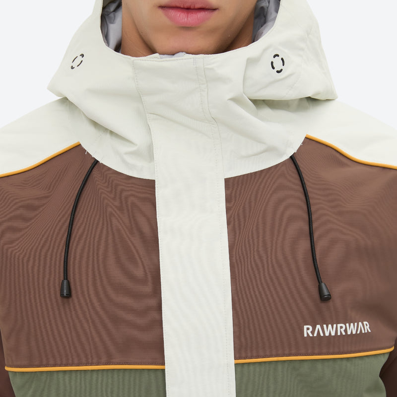 Unisex waterproof 3L snow jacket and pants series - white olive green and brown colorblock, for skiing and snowboarding