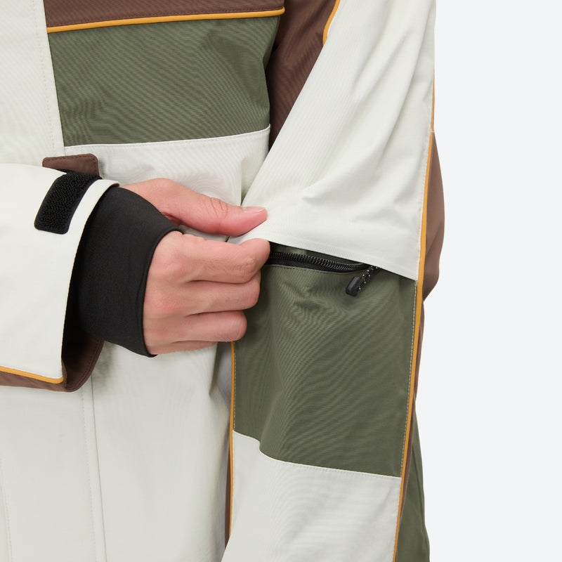 Unisex waterproof 3L snow jacket and pants series - white olive green and brown colorblock, for resort and backcountry days