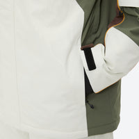 
                  
                    Unisex 3L snowboard jacket and pants - white olive green and brown colorblock, for powder and piste riding
                  
                