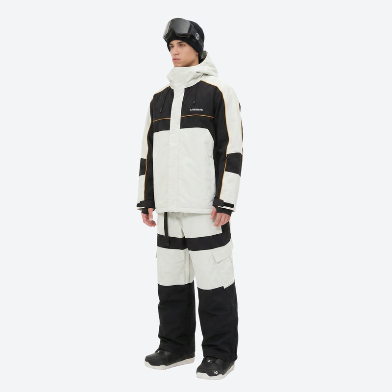 Unisex 3L snowboard jacket and pants - black and white colorblock jacket with black pants, for powder and piste riding