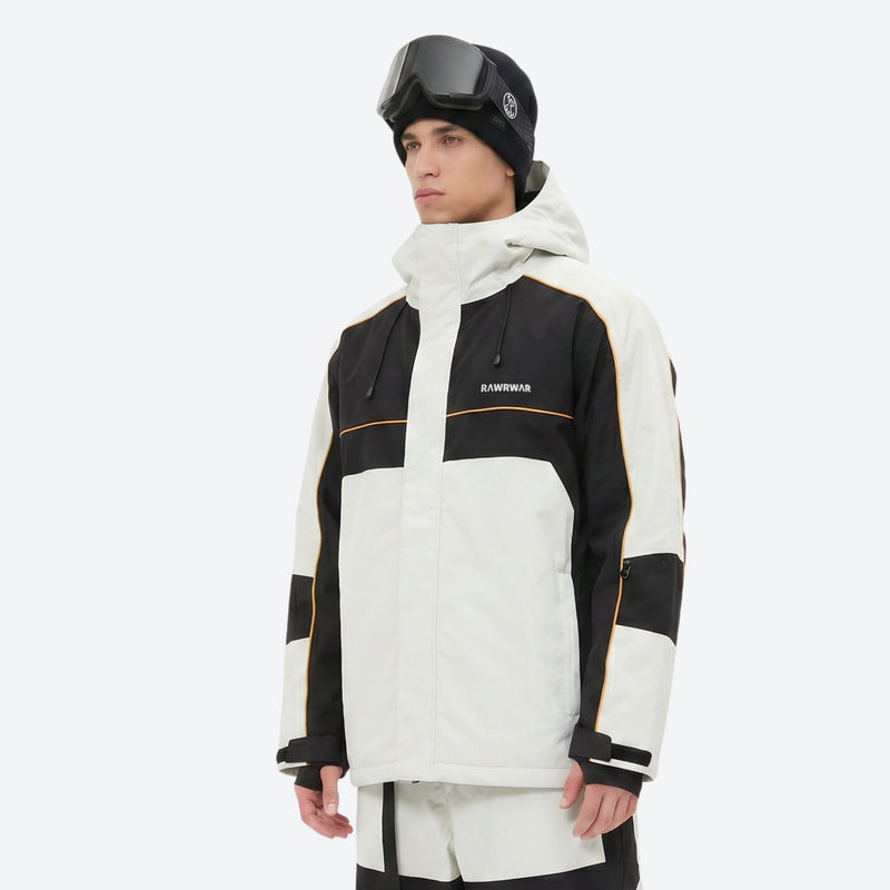 Unisex 3L snowboard jacket and pants - black and white colorblock jacket with white pants, for skiing and snowboarding