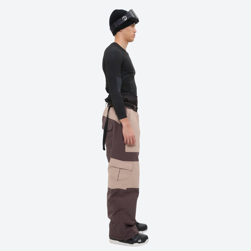 Unisex waterproof 3L snow jacket and pants series - coffee brown and tan colorblock snow pants, on-model side view