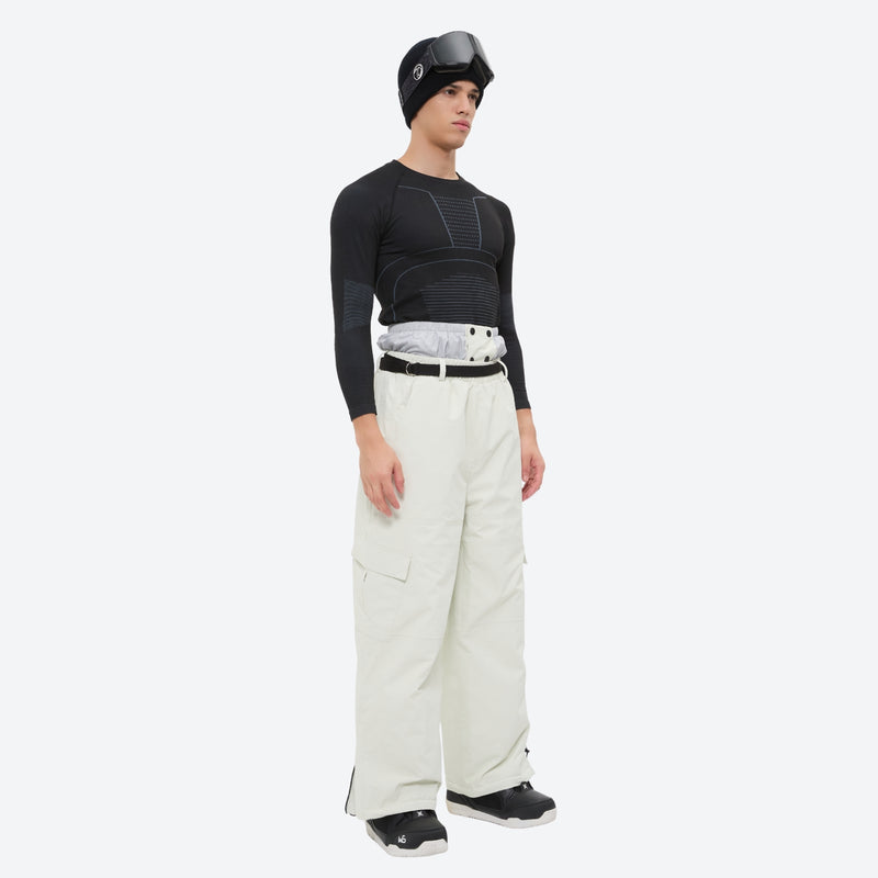 Unisex 3L snowboard jacket and pants - white snow pants, on-model three-quarter front view, for cold-weather winter sports