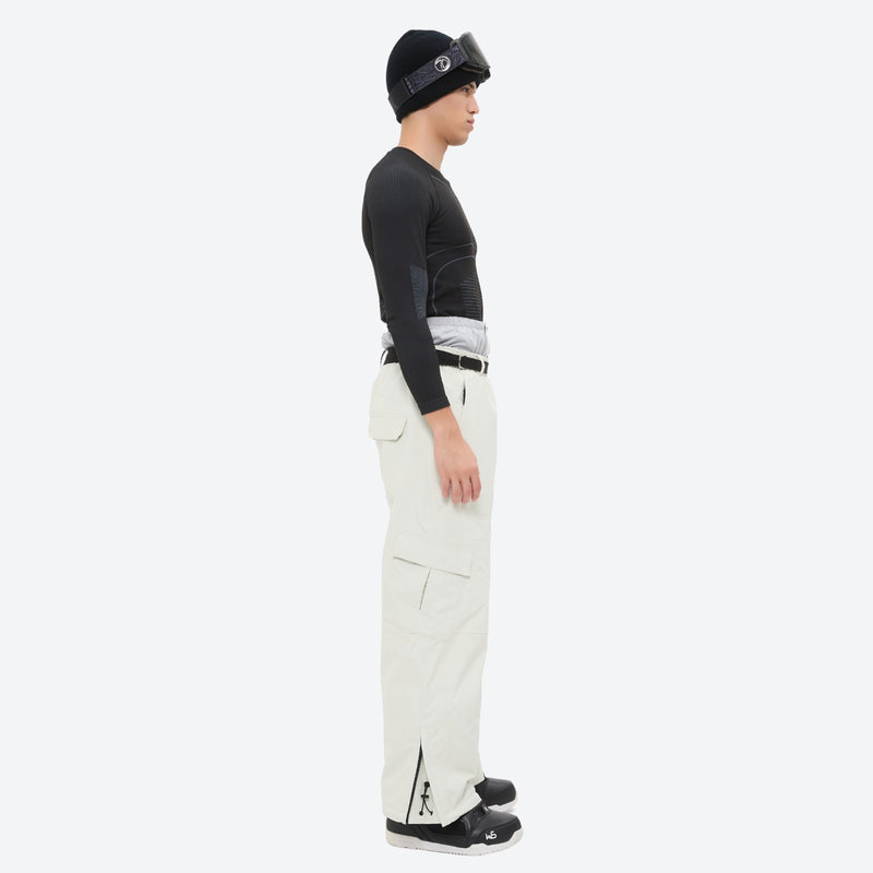 Unisex waterproof 3L snow jacket and pants series - white snow pants, on-model side view, for skiing and snowboarding