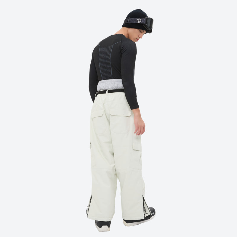 Unisex 3L snowboard jacket and pants - white snow pants, on-model side view, for powder and piste riding