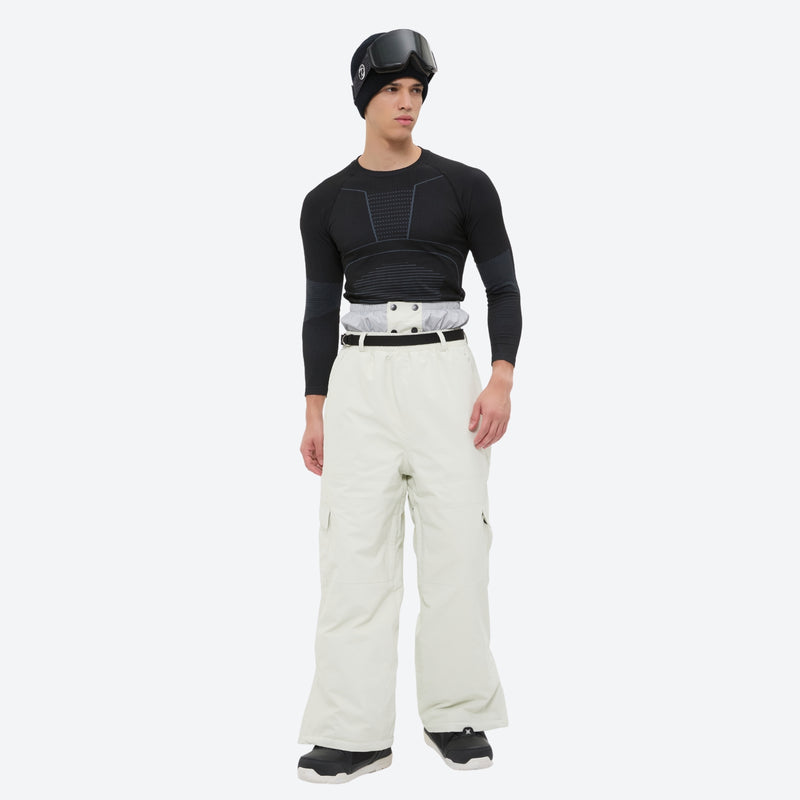 Unisex waterproof 3L snow jacket and pants series - white snow pants, on-model front view, for cold-weather winter sports