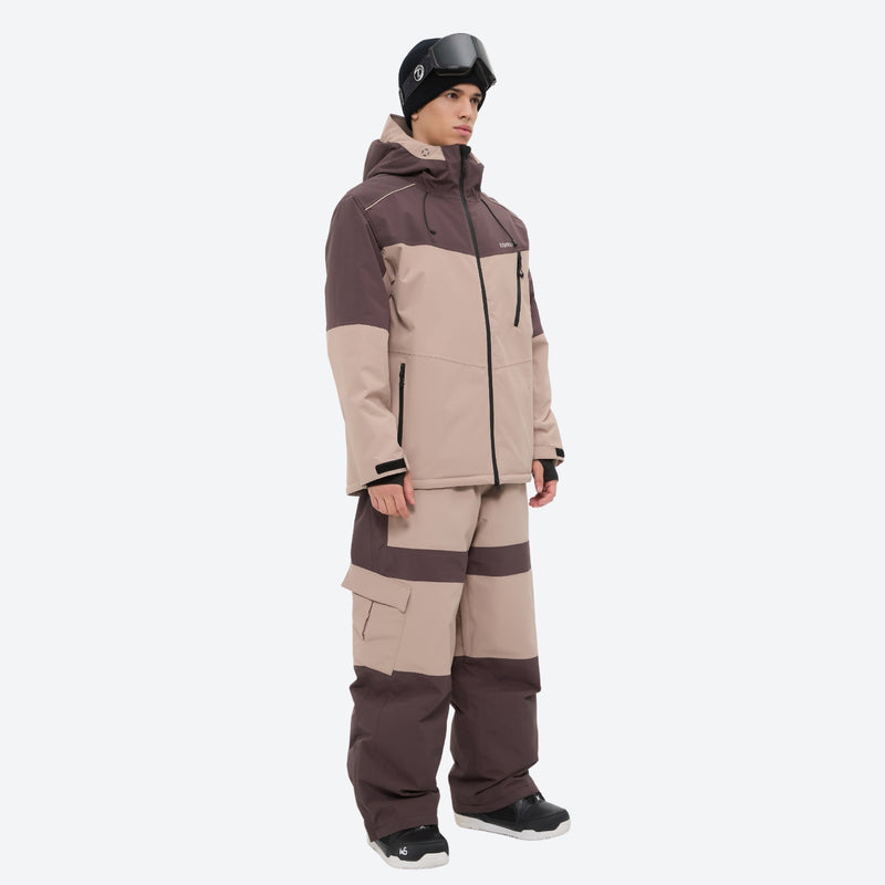 Unisex waterproof 3L snow jacket and pants series - coffee brown and tan colorblock suit, for skiing and snowboarding