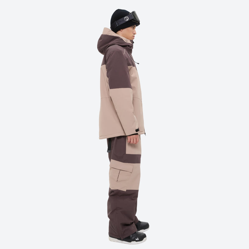Breathable 3-layer ski jacket and pants set - coffee brown and tan colorblock suit, for resort and backcountry days