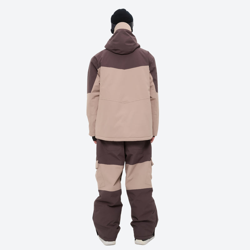 Unisex 3L snowboard jacket and pants - coffee brown and tan colorblock suit, on-model back view, for powder and piste riding