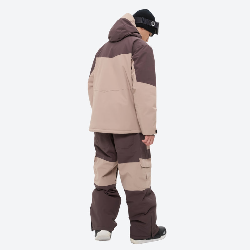 Unisex waterproof 3L snow jacket and pants series - coffee brown and tan colorblock suit, for cold-weather winter sports