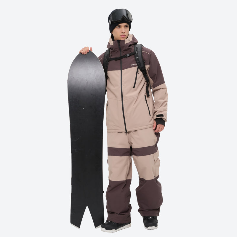 Breathable 3-layer ski jacket and pants set - coffee brown and tan colorblock suit, for skiing and snowboarding