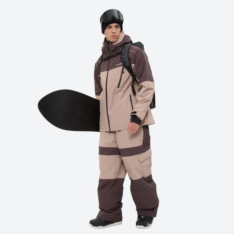 Unisex 3L snowboard jacket and pants - coffee brown and tan colorblock suit, for resort and backcountry days