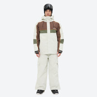 
                  
                    Unisex 3L snowboard jacket and pants - white olive green and brown colorblock suit with white pants, underarm vents dump heat
                  
                