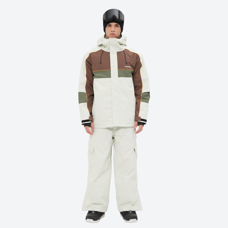 Unisex 3L snowboard jacket and pants - white olive green and brown colorblock suit with white pants, underarm vents dump heat