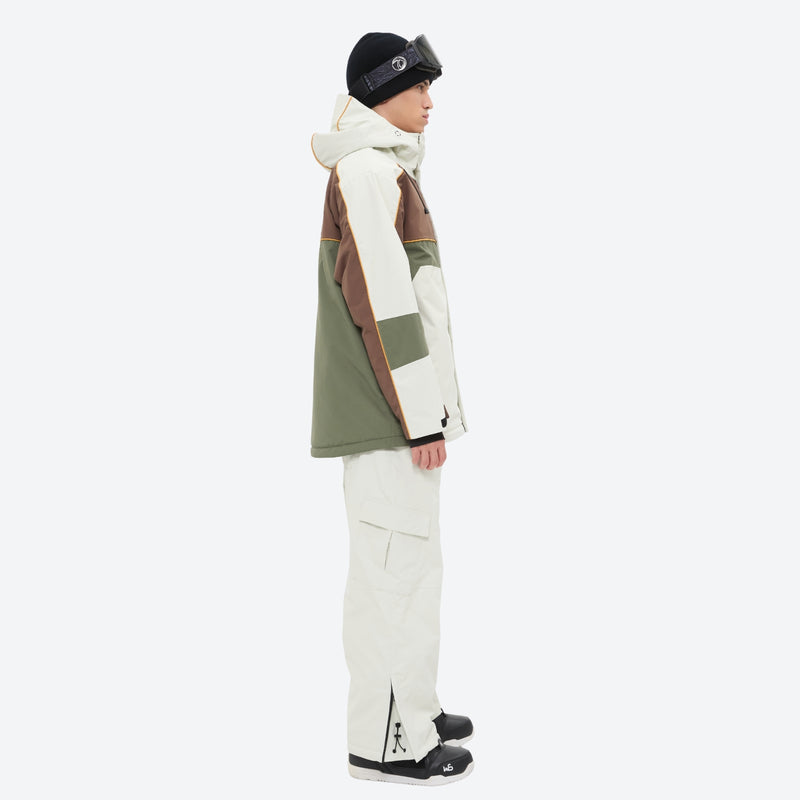 Unisex 3L snowboard jacket and pants - white olive green and brown colorblock suit with white pants, on-model side view