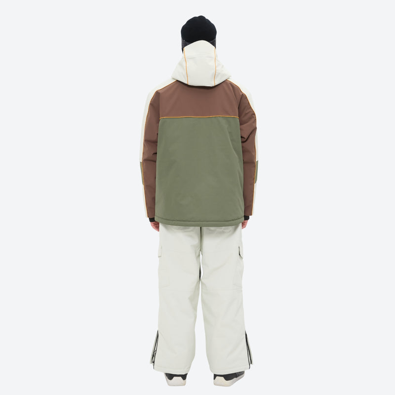 Unisex waterproof 3L snow jacket and pants series - white olive green and brown colorblock suit with white pants 87