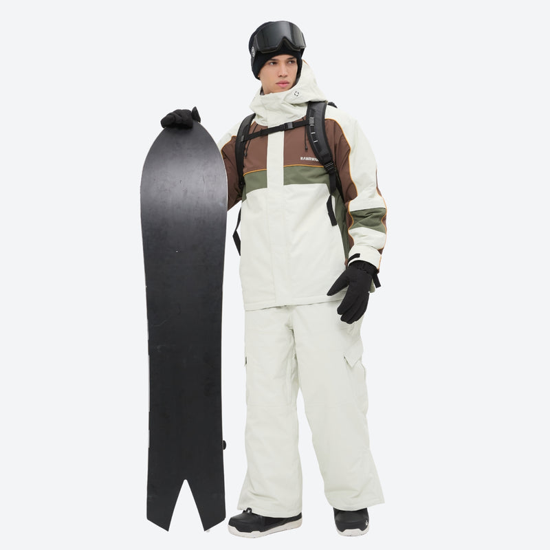 Unisex 3L snowboard jacket and pants - white olive green and brown colorblock suit with white pants