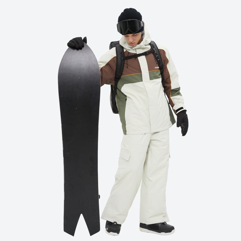 Unisex waterproof 3L snow jacket and pants series - white olive green and brown colorblock suit with white pants