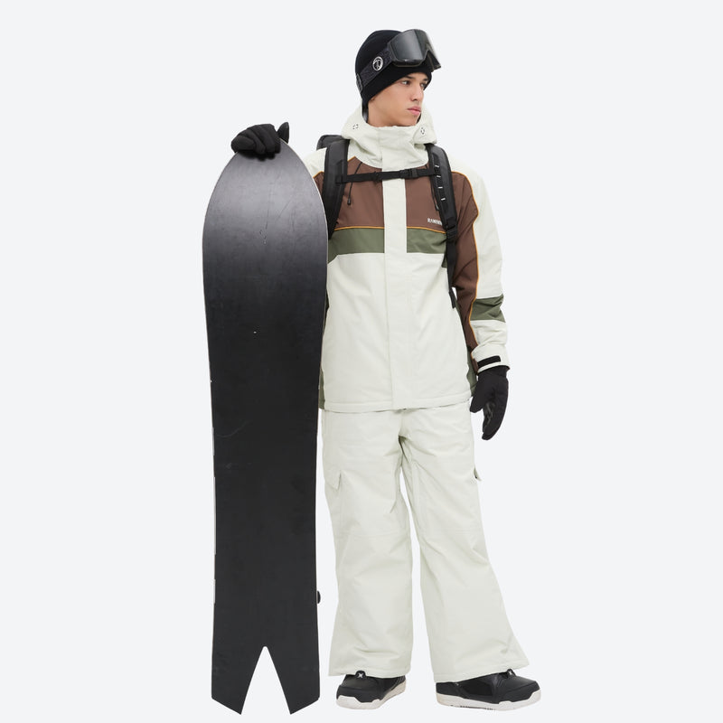 Breathable 3-layer ski jacket and pants set - white olive green and brown colorblock suit with white pants