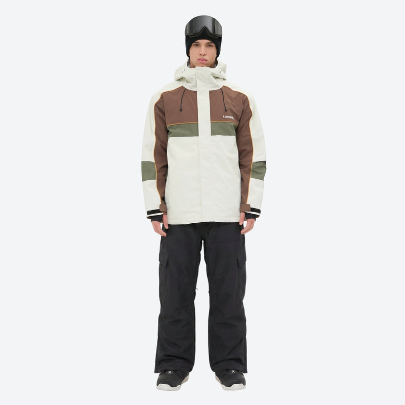 Unisex 3L snowboard jacket and pants - white olive green and brown colorblock jacket with black pants