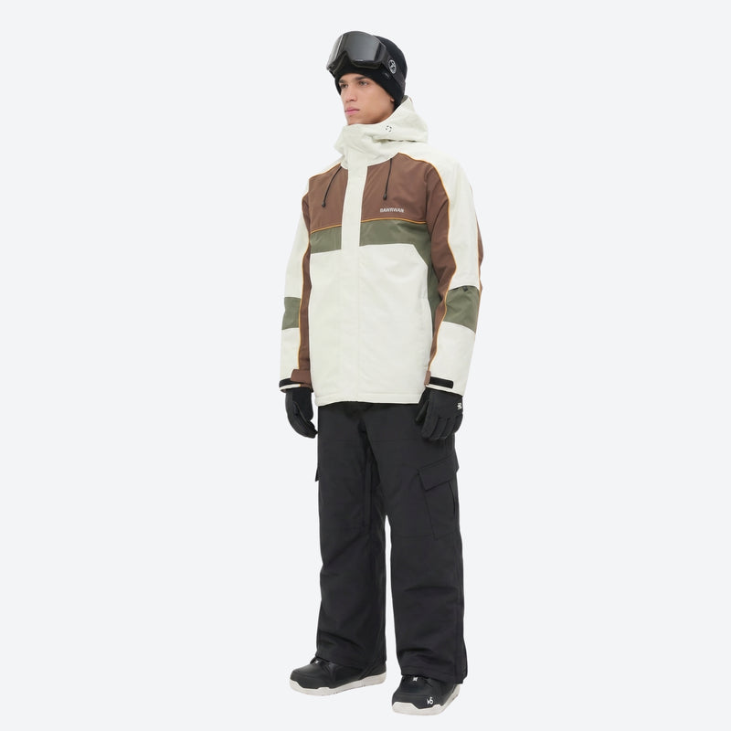 Unisex waterproof 3L snow jacket and pants series - white olive green and brown colorblock jacket with black pants