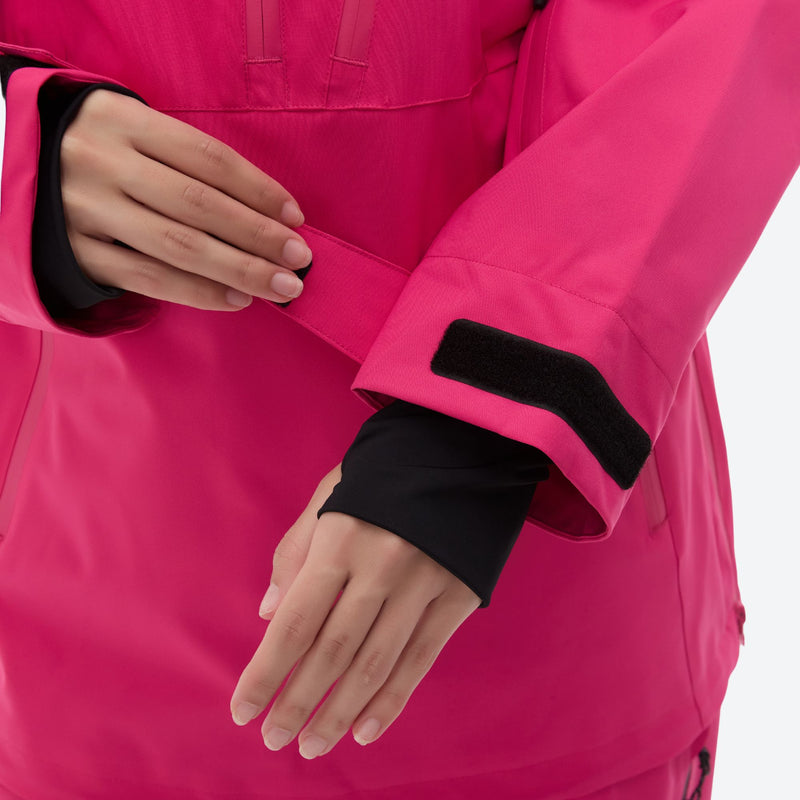 Women's 3-layer snowboard anorak and pants - rose pink, cuff inner close-up with hand, for cold-weather winter sports