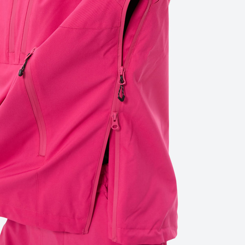 Women's breathable ski pullover set - rose pink, side pocket zip close-up detail, for resort and backcountry days