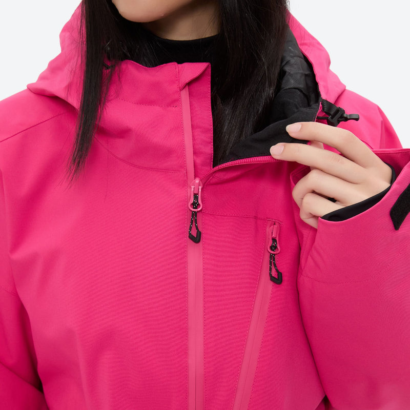 Women's waterproof 3L anorak snow jacket and pants - rose pink, collar close-up with hand, for resort and backcountry days