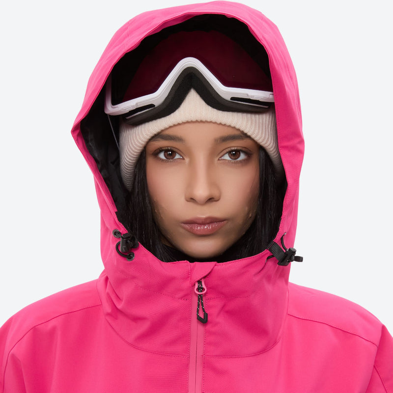 Women's breathable ski pullover set - rose pink, hood and face close-up with goggles, for cold-weather winter sports