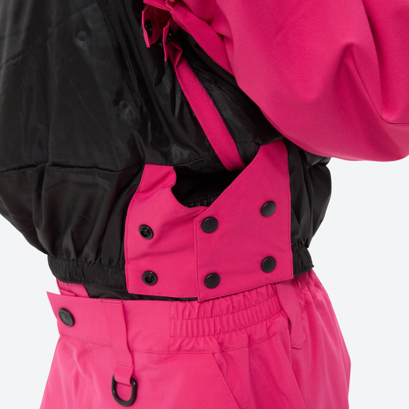 Women's 3-layer snowboard anorak and pants - rose pink, inner snow skirt close-up detail, for powder and piste riding