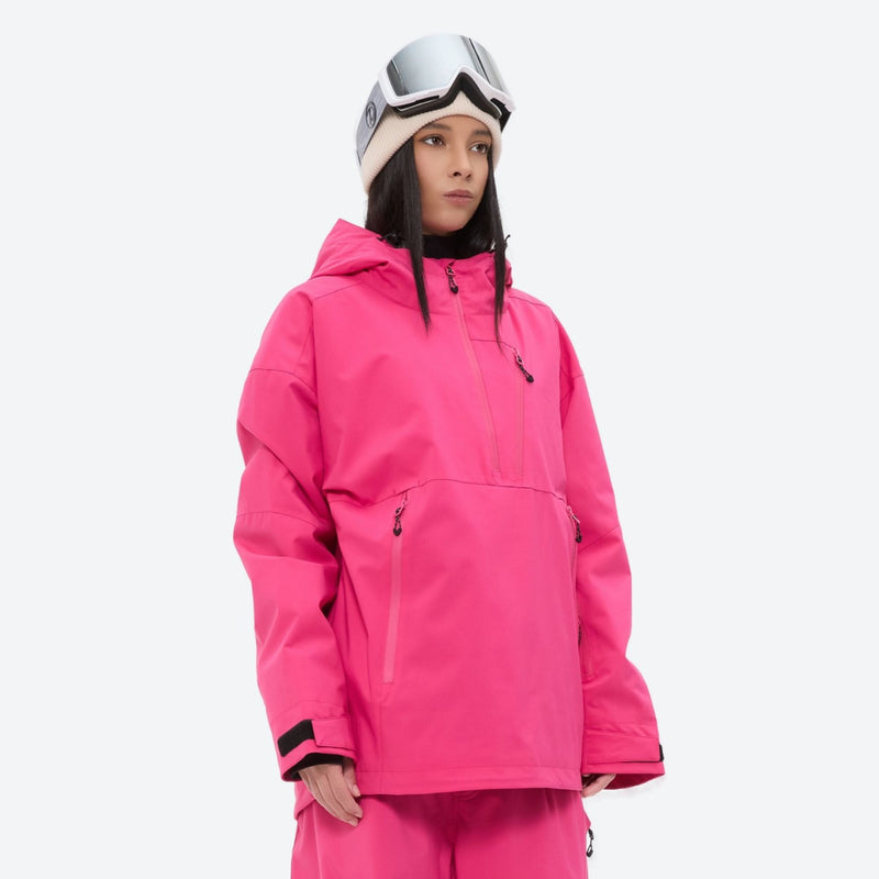 Women's breathable ski pullover set - rose pink, on-model three-quarter front view, for skiing and snowboarding