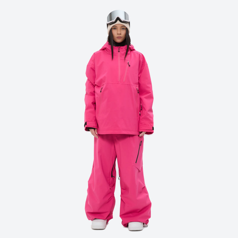 Women's breathable ski pullover set - rose pink jacket with rose pink pants, fully taped seams keep snow out