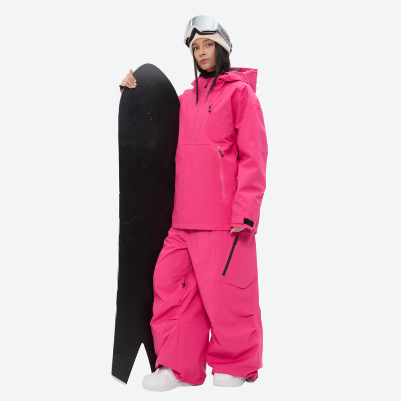 Women's breathable ski pullover set - rose pink jacket with rose pink pants, for skiing and snowboarding