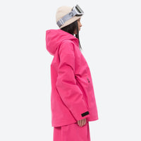 
                  
                    Women's 3-layer snowboard anorak and pants - rose pink, on-model side view, for resort and backcountry days
                  
                
