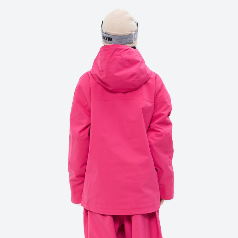 Women's waterproof 3L anorak snow jacket and pants - rose pink, on-model back hood view, for powder and piste riding