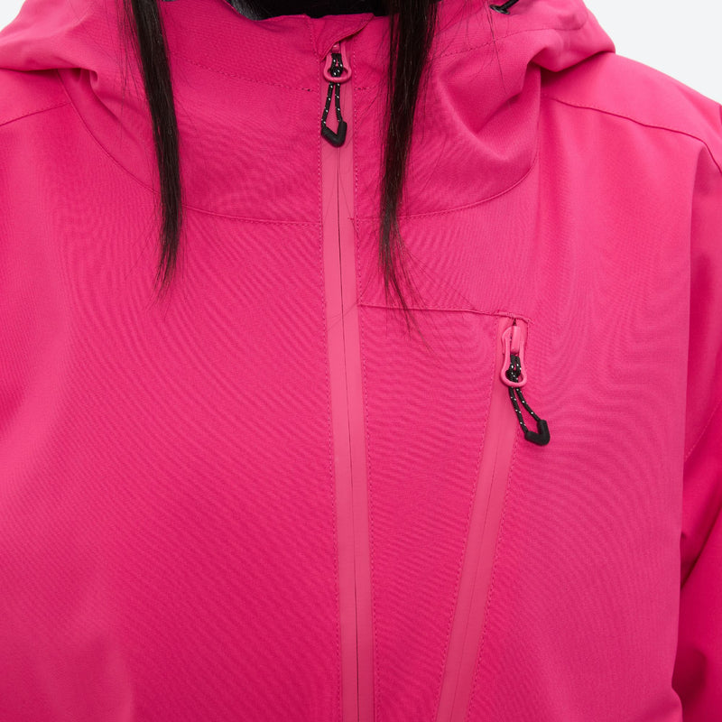 Women's 3-layer snowboard anorak and pants - rose pink, chest zip close-up detail, for skiing and snowboarding