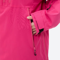 
                  
                    Women's 3-layer snowboard anorak and pants - rose pink, cuff close-up with hand, for cold-weather winter sports
                  
                