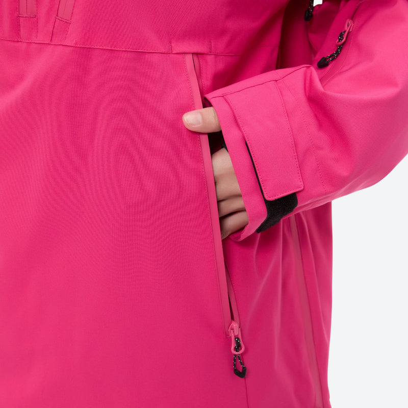 Women's 3-layer snowboard anorak and pants - rose pink, cuff close-up with hand, for cold-weather winter sports