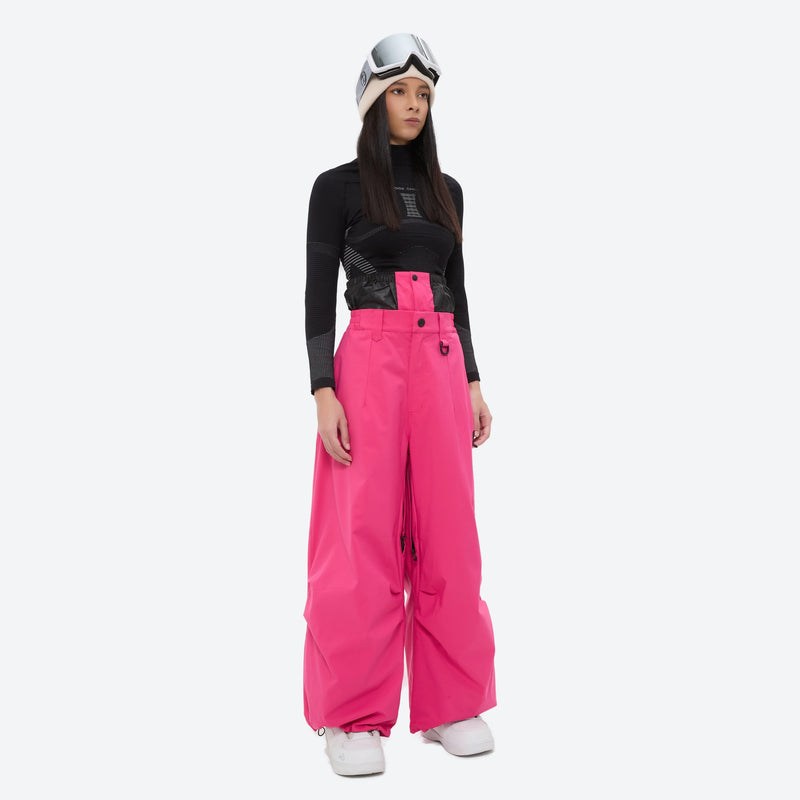 Women's waterproof 3L anorak snow jacket and pants - rose pink snow pants, on-model front view, for powder and piste riding
