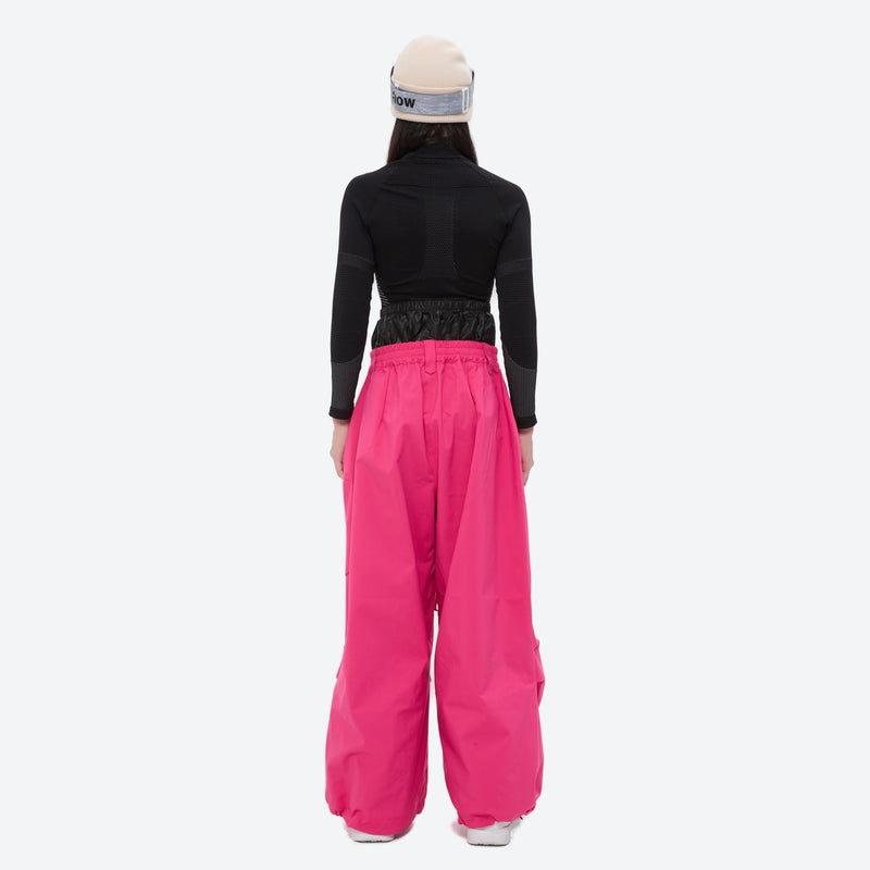 Women's 3-layer snowboard anorak and pants - rose pink snow pants, on-model back view, for skiing and snowboarding