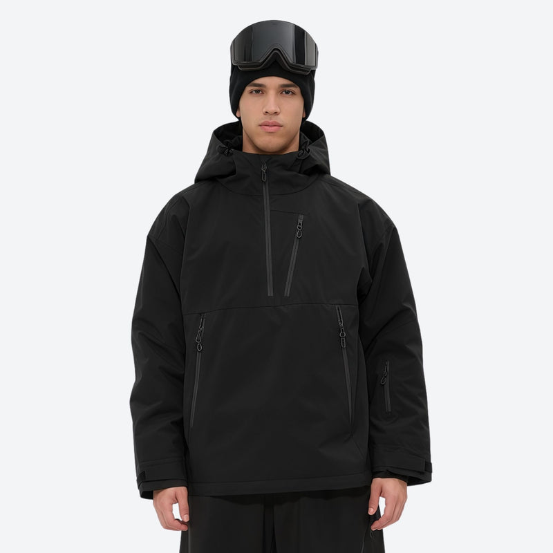 Men's waterproof 3L snow anorak jacket and pants series - black jacket, on-model front view, for cold-weather winter sports