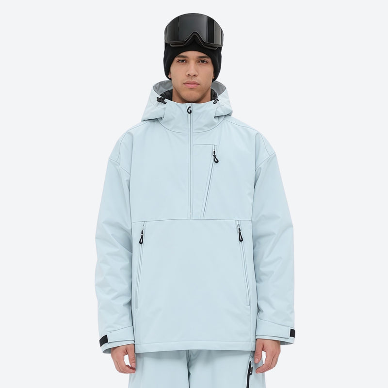 Men's breathable half-zip ski pullover set - ice blue jacket, on-model front view, for powder days and winter commute