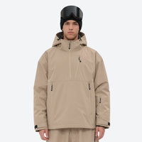 
                  
                    Men's 3-layer snowboard jacket and wide-leg pants - tan jacket, on-model front view, for resort and street wear
                  
                
