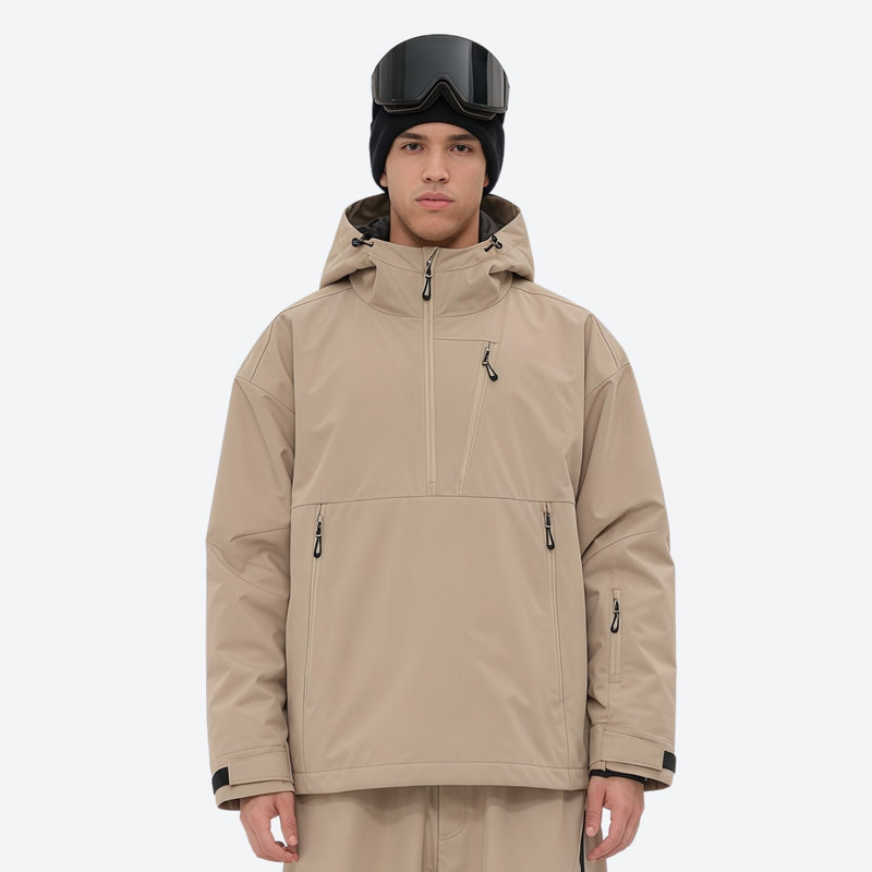 Men's 3-layer snowboard jacket and wide-leg pants - tan jacket, on-model front view, for resort and street wear