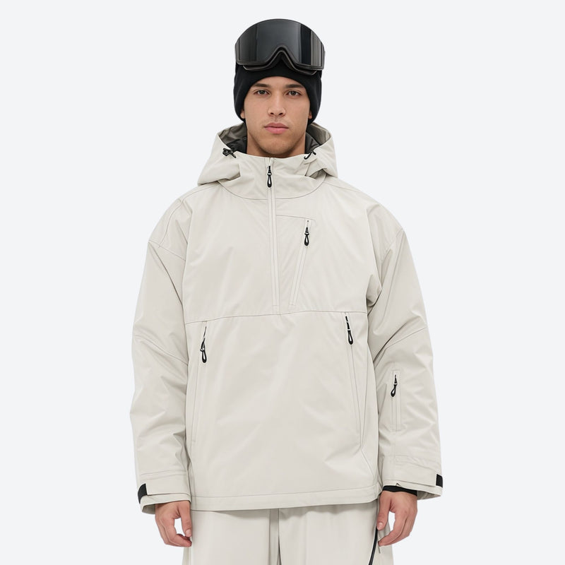 Men's 3-layer snowboard jacket and wide-leg pants - off-white jacket, on-model front view, for skiing and snowboarding