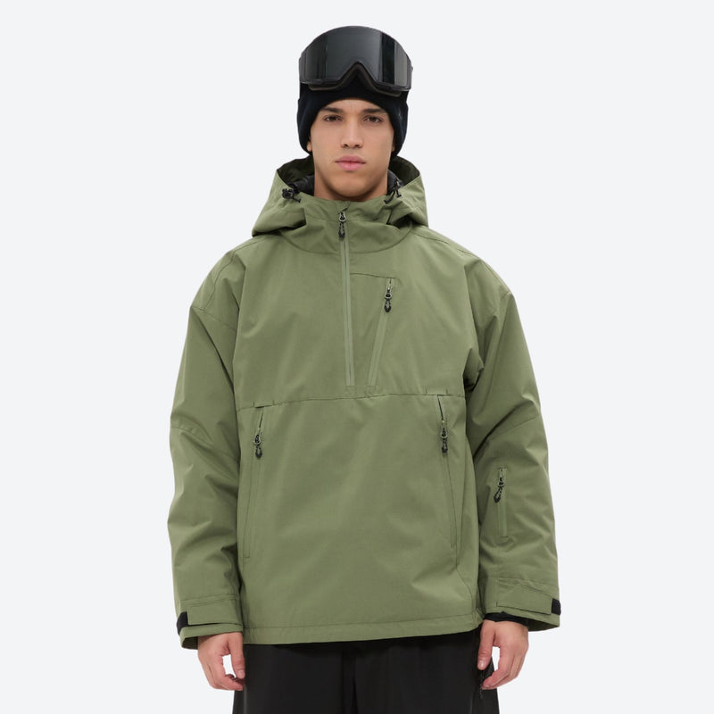 Men's breathable half-zip ski pullover set - sage green jacket, on-model front view, for resort and street wear