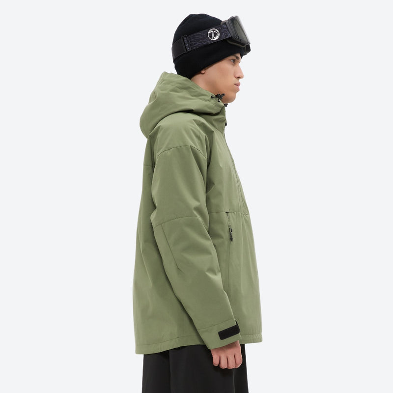 Men's breathable half-zip ski pullover set - sage green jacket, on-model side view, for skiing and snowboarding